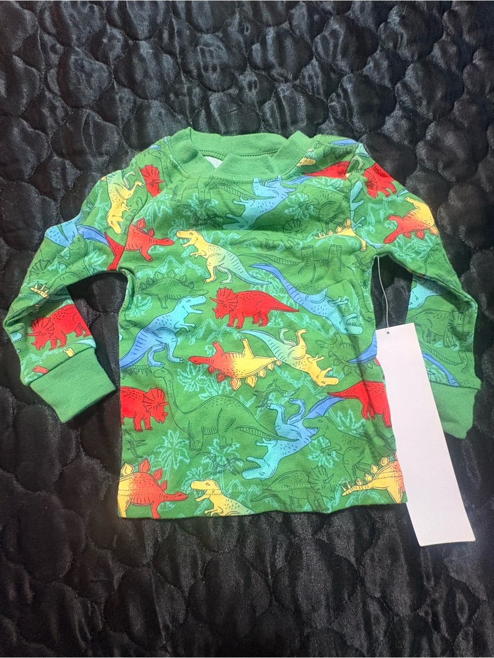 & Other Stories Green Long-Sleeve Tee with Red, Blue & Yellow Dinosaurs